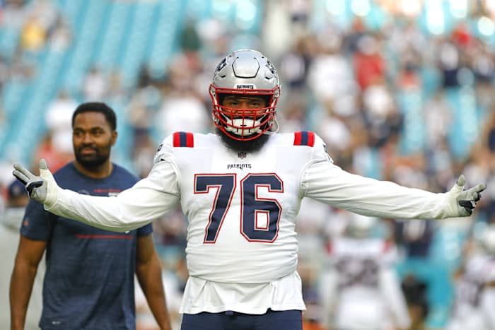 Jan 9, 2022; New England Patriots offensive tackle Isaiah Wynn (76). Mandatory Credit: Sam Navarro-USA TODAY